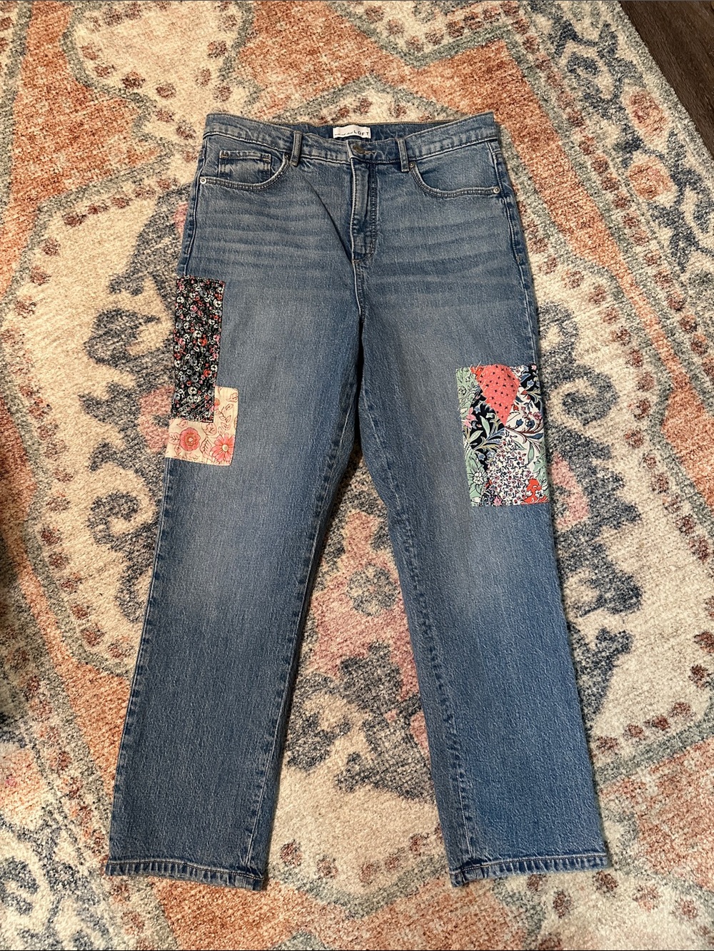 Loft Patchwork-Accent Women's Blue Jeans Straight Crop